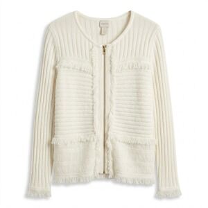 Chico's Size 2 (L) Fringe Ottoman Knit Full Zip Cardigan Jacket Cream Off White